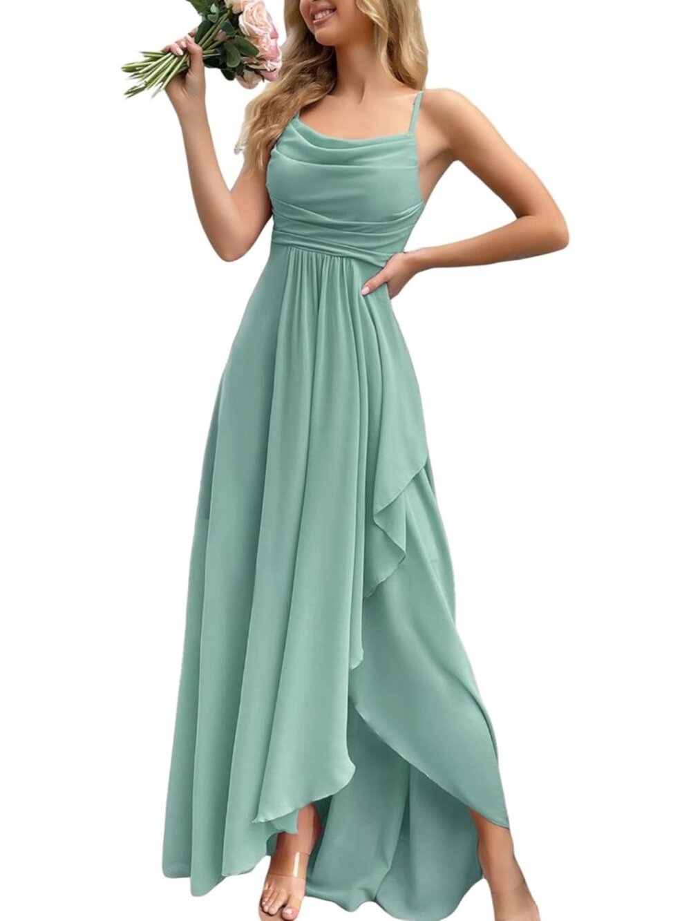Women's Tiffany Green Cowl Neck Spaghetti Strap Cocktail Bodycon Maxi Dress